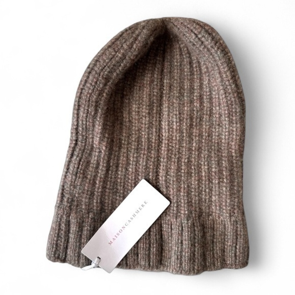 Maison Cashmere Ribbed Fisherman Beanie Brown Gray Knit Winter Hat Unisex NWT⁠